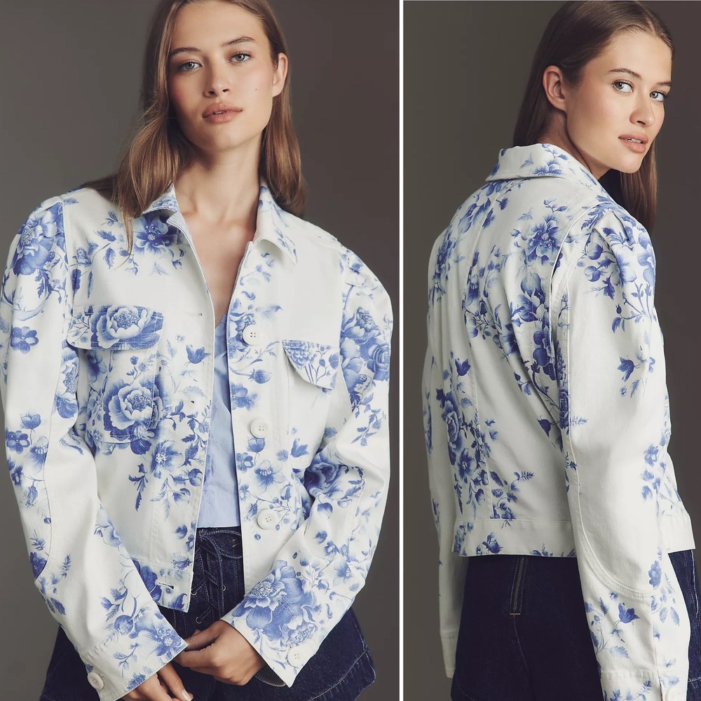 NWT Anthropologie Maeve Floral Print White Denim Jacket XS $158 Boho Grannycore